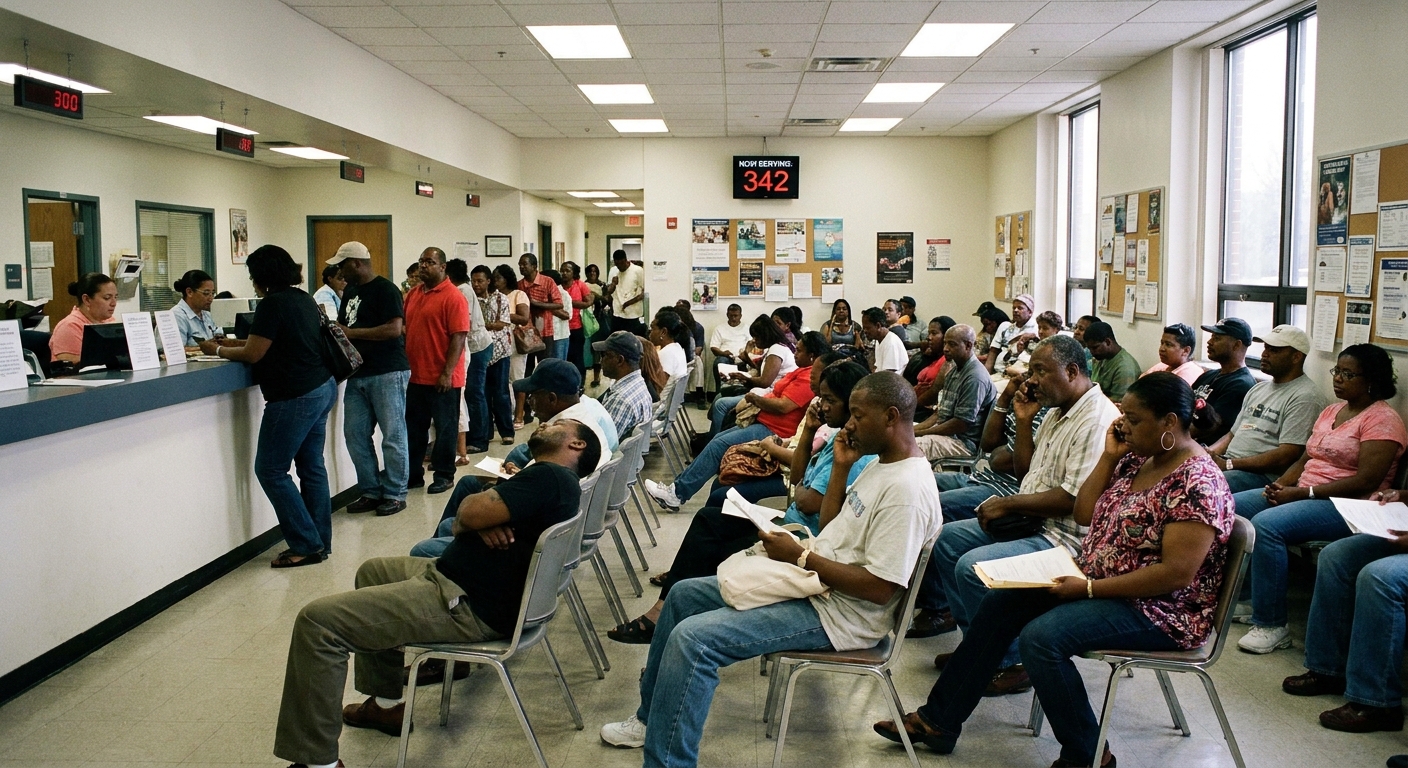 A busy federal benefits office waiting room with a service counter and people sitting in rows of chairs, candid documentary photography style