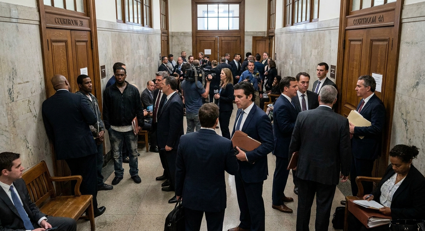 A busy hallway inside a large urban criminal courthouse with defendants and attorneys waiting outside courtroom doors, candid news photography style