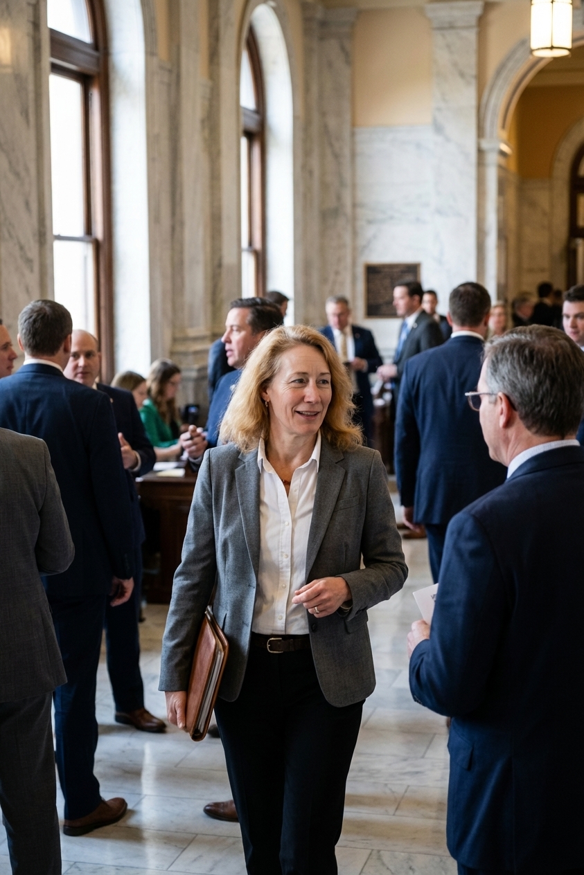 A busy hallway inside a state capitol during a legislative session, with lawmakers and staff walking past marble walls and tall windows, documentary photography style