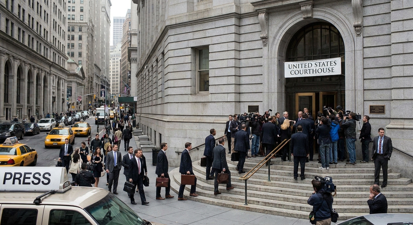 A busy set of steps outside a federal courthouse in New York City with attorneys and reporters moving through the entrance area, daytime news photography style