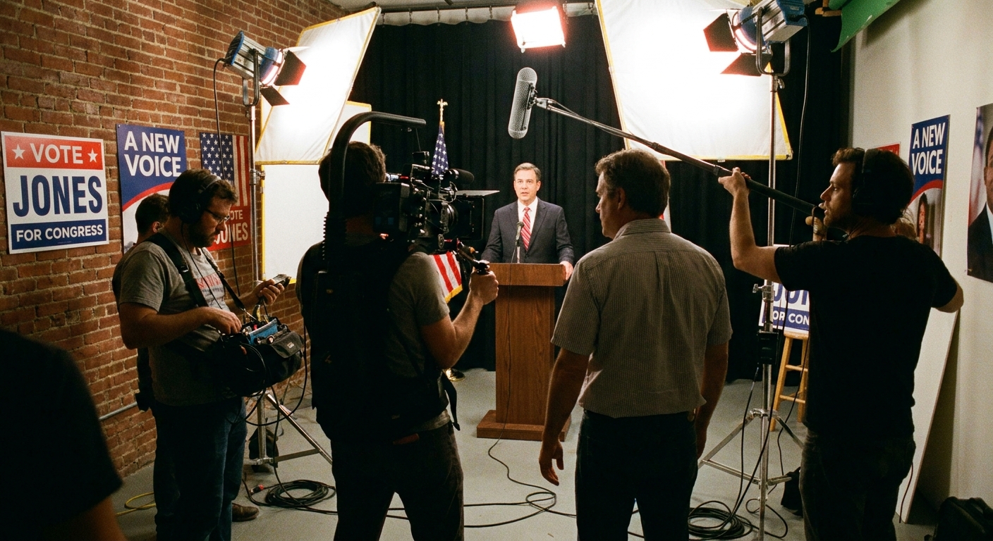 A camera crew filming a political advertisement in a small studio with bright lights and microphones, news photography style