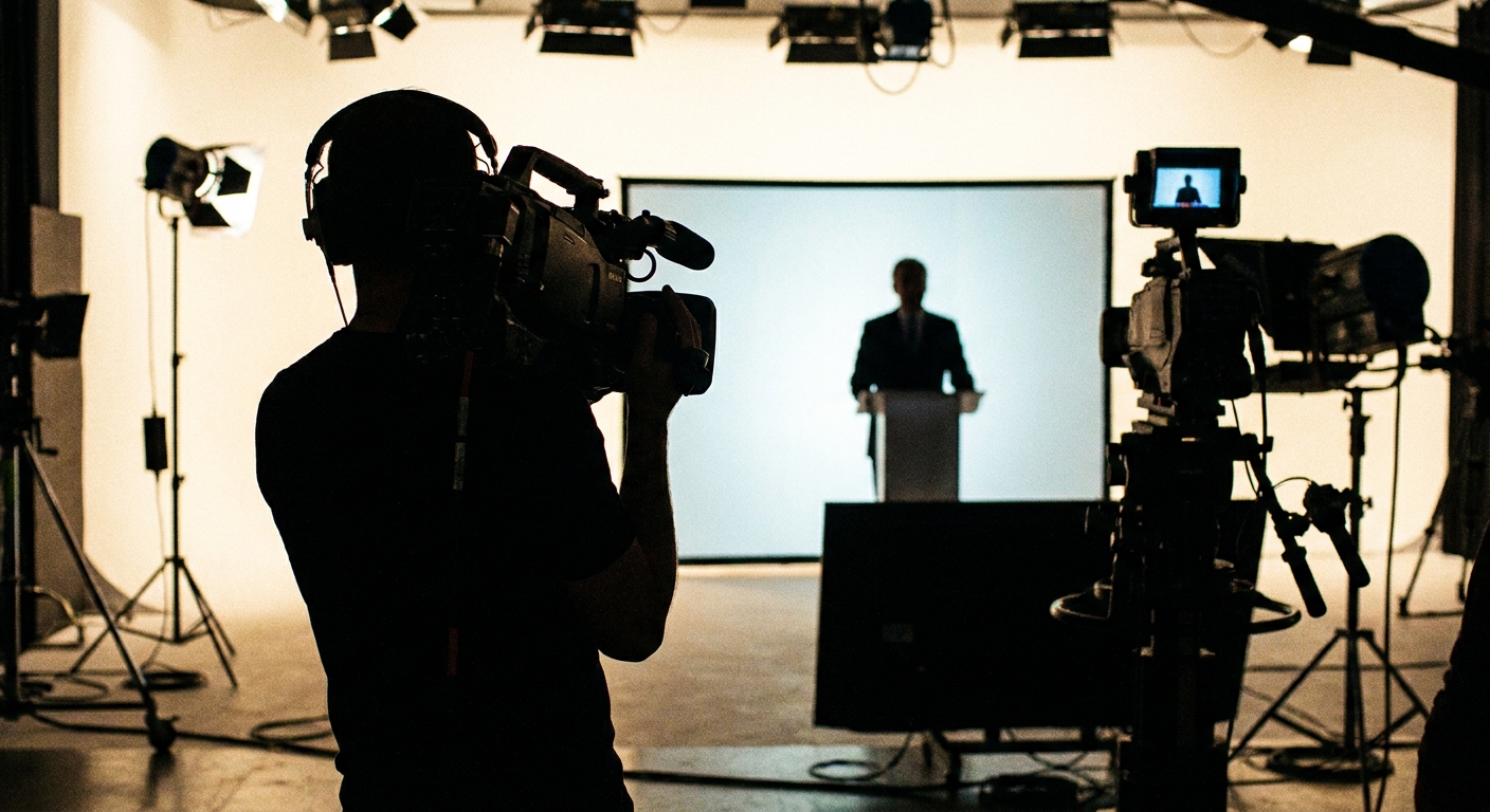 A camera operator filming a political television advertisement in a studio with bright lights and a candidate silhouette in the background, news photography style