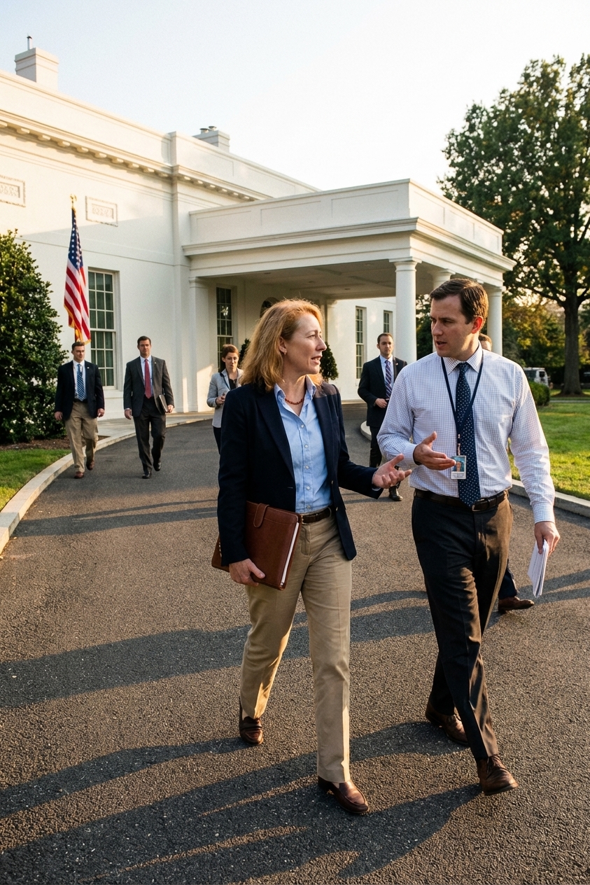 A candid exterior photograph of the White House West Wing with staffers walking along the driveway in the afternoon light, realistic news photography