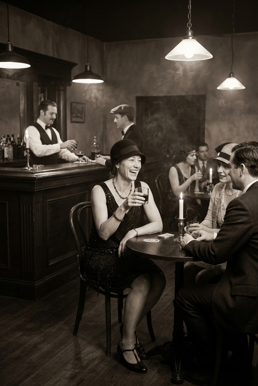 A candid-looking historical-style photograph of a dimly lit speakeasy bar scene with patrons seated at small tables and a bartender behind a counter, 1920s atmosphere, photorealistic documentary style
