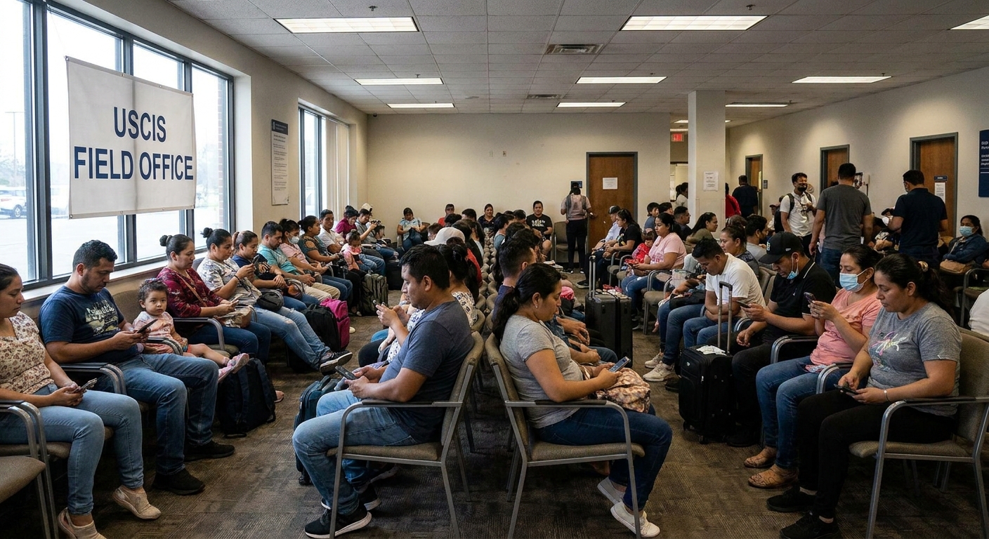 A candid photograph of a waiting room at a U.S. immigration services field office with chairs and people waiting quietly, documentary style