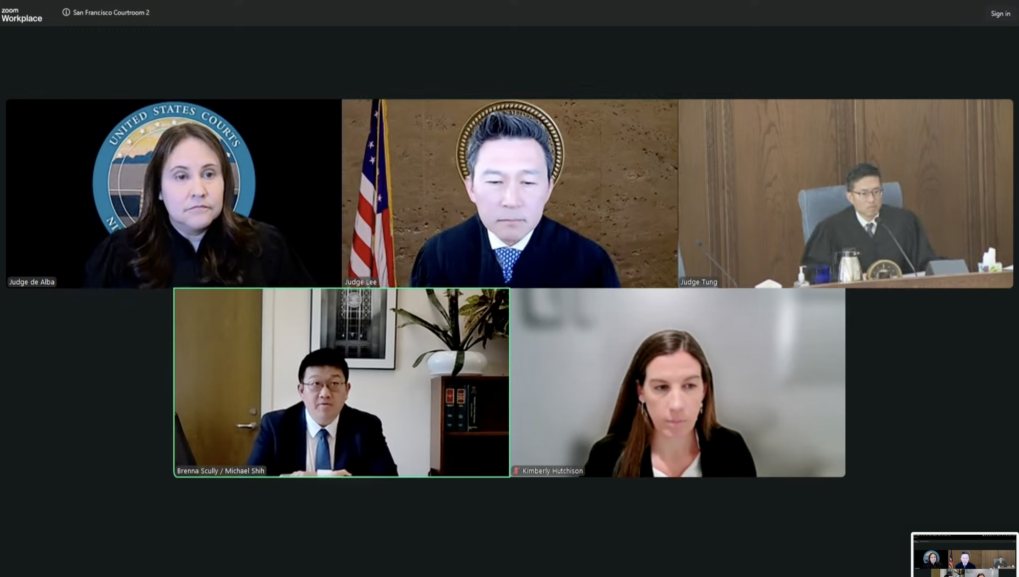 A candid scene of several federal appellate judges in robes walking into a courthouse conference room for a meeting, documentary news photography style