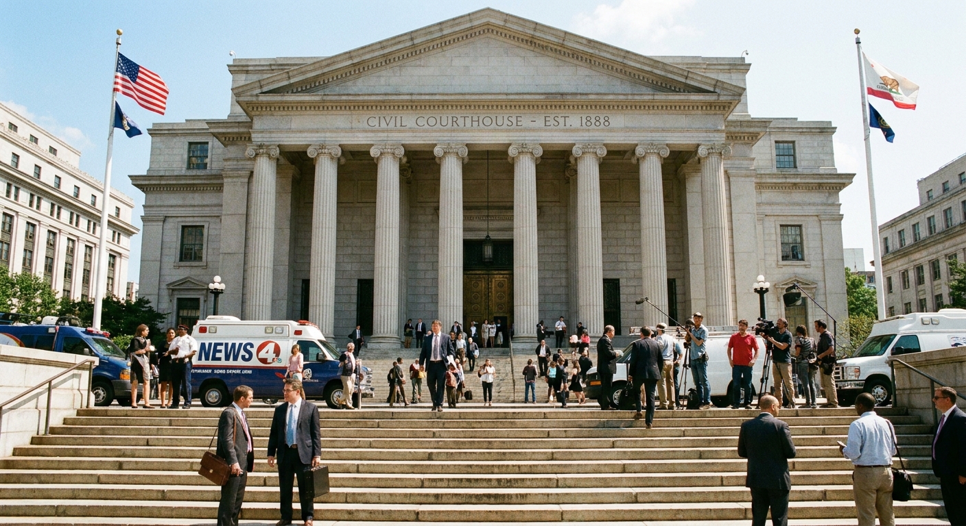 A civil courthouse entrance with broad stone steps and people walking in and out on a bright day, news photography style