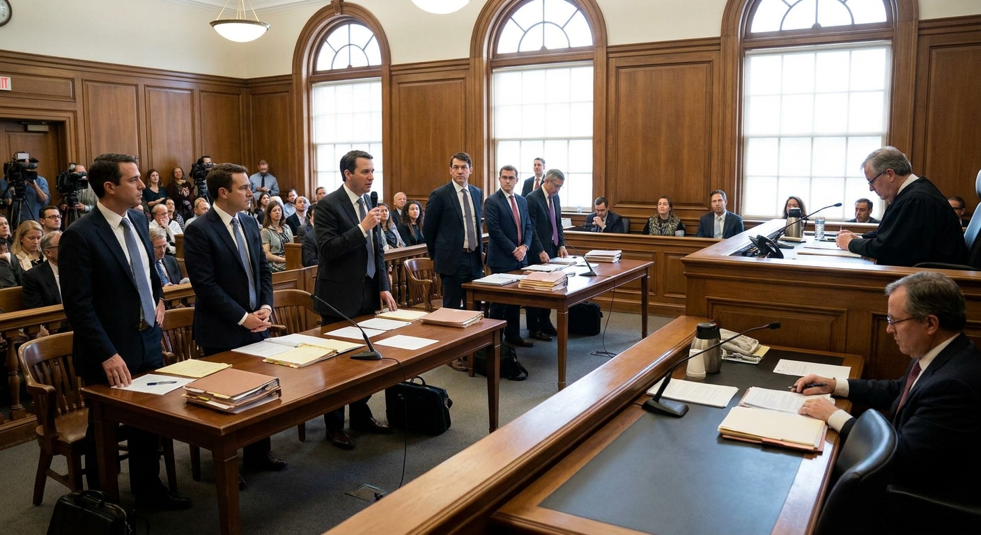 A civil courtroom during a hearing with attorneys standing at counsel tables and a judge seated on the bench, news photography style