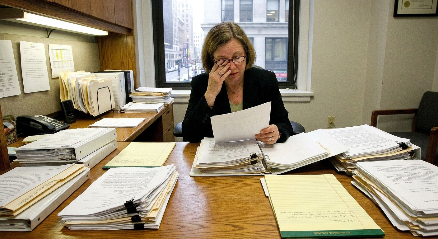 A civil litigation attorney sitting at a desk reviewing a thick case file and court papers under office lighting, news photography style