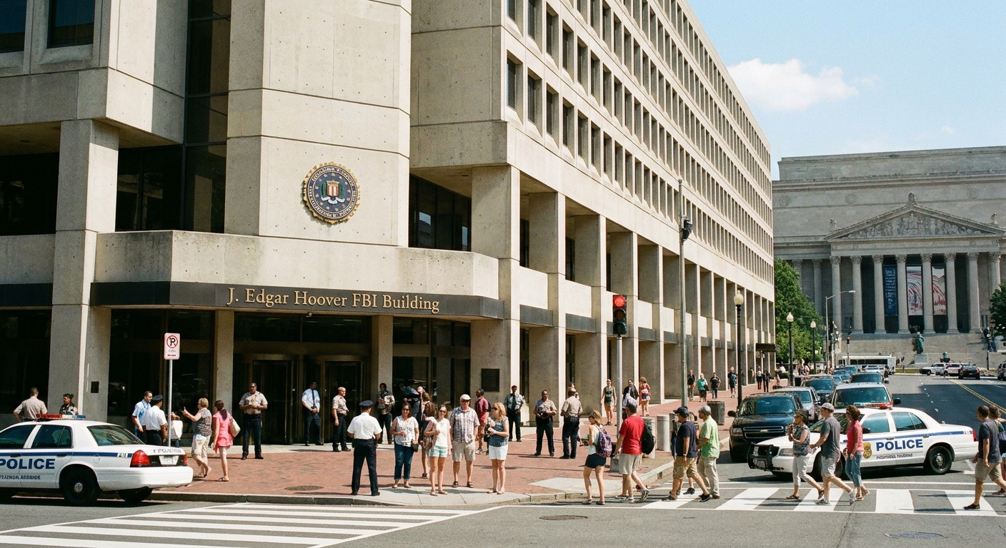 A clear daytime photograph of the J. Edgar Hoover Building, FBI headquarters in Washington, DC, showing the main entrance area and surrounding street scene