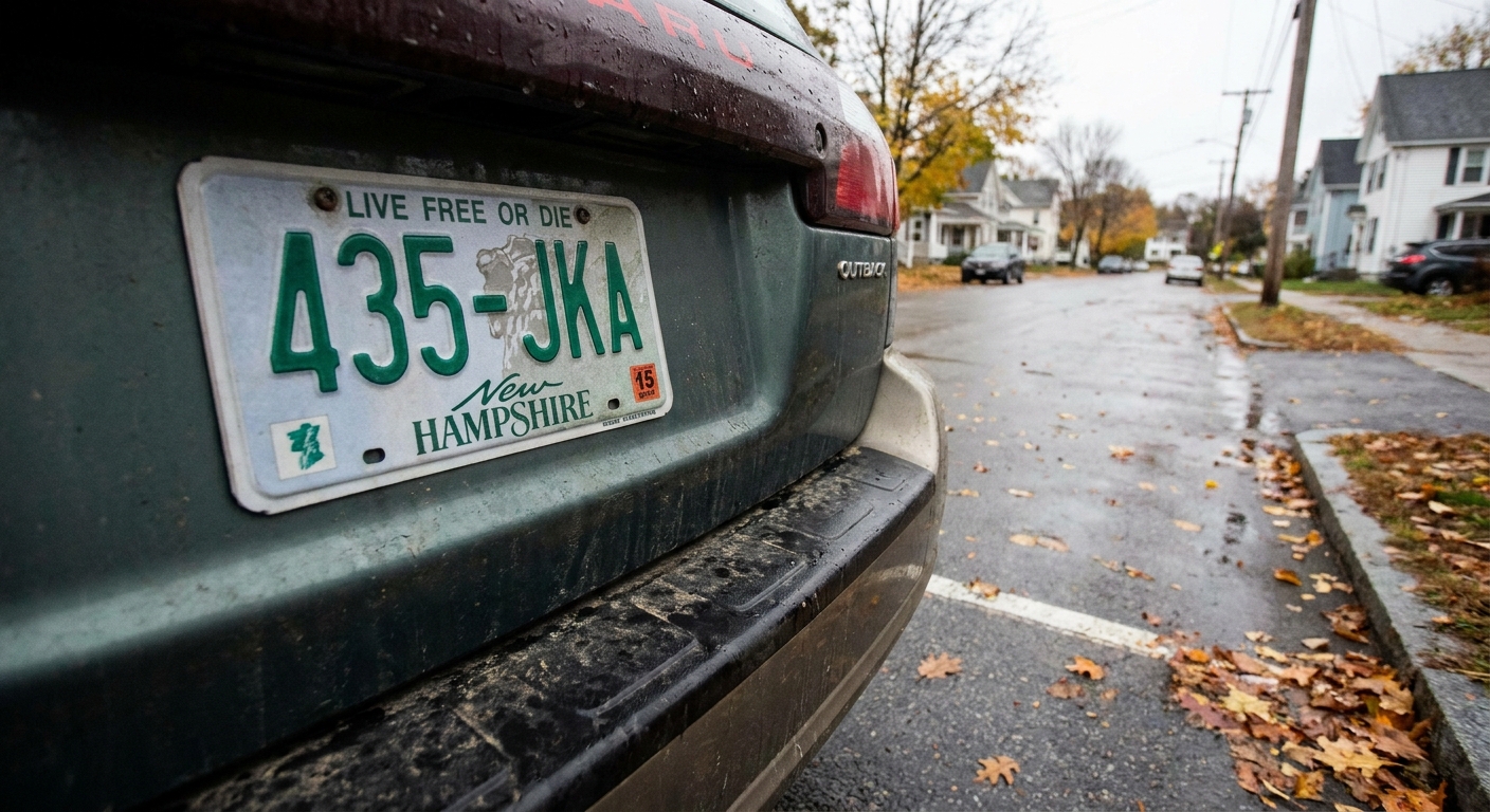 A close-up of a New Hampshire license plate mounted on the rear of a parked car in daylight, news photography style