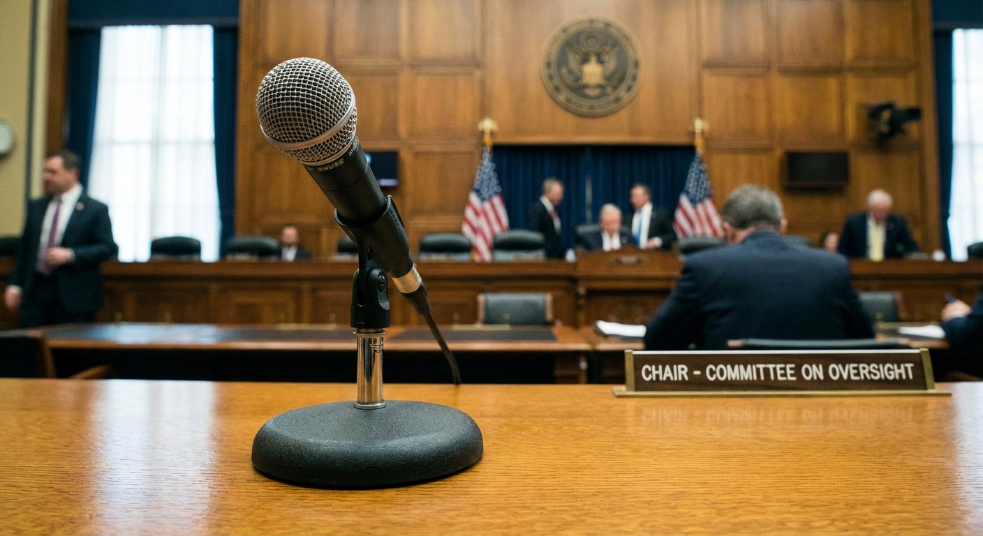 A close-up of a tabletop microphone in a federal meeting room with blurred attendees in the background, realistic event photography