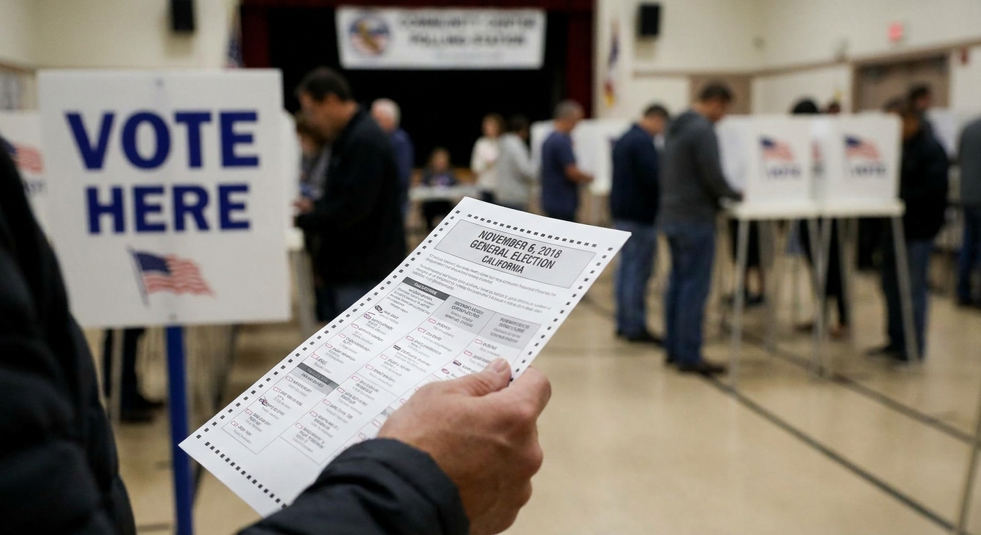 A close-up of a voter holding a paper ballot at a California polling place during the November 2018 midterm elections, realistic news photography