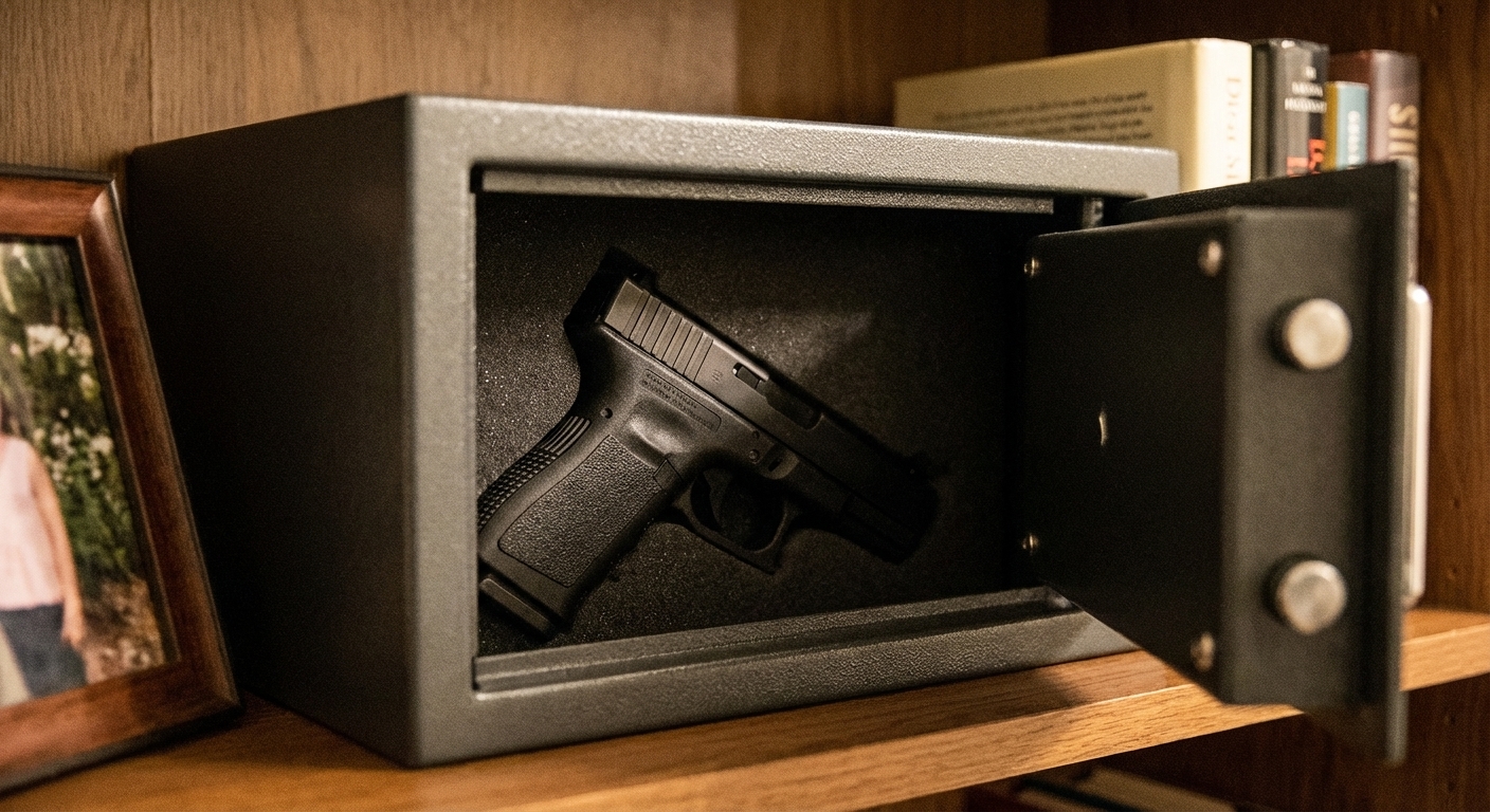 A close-up photo of a handgun secured inside a small home gun safe with the door open, soft indoor lighting, realistic news photography