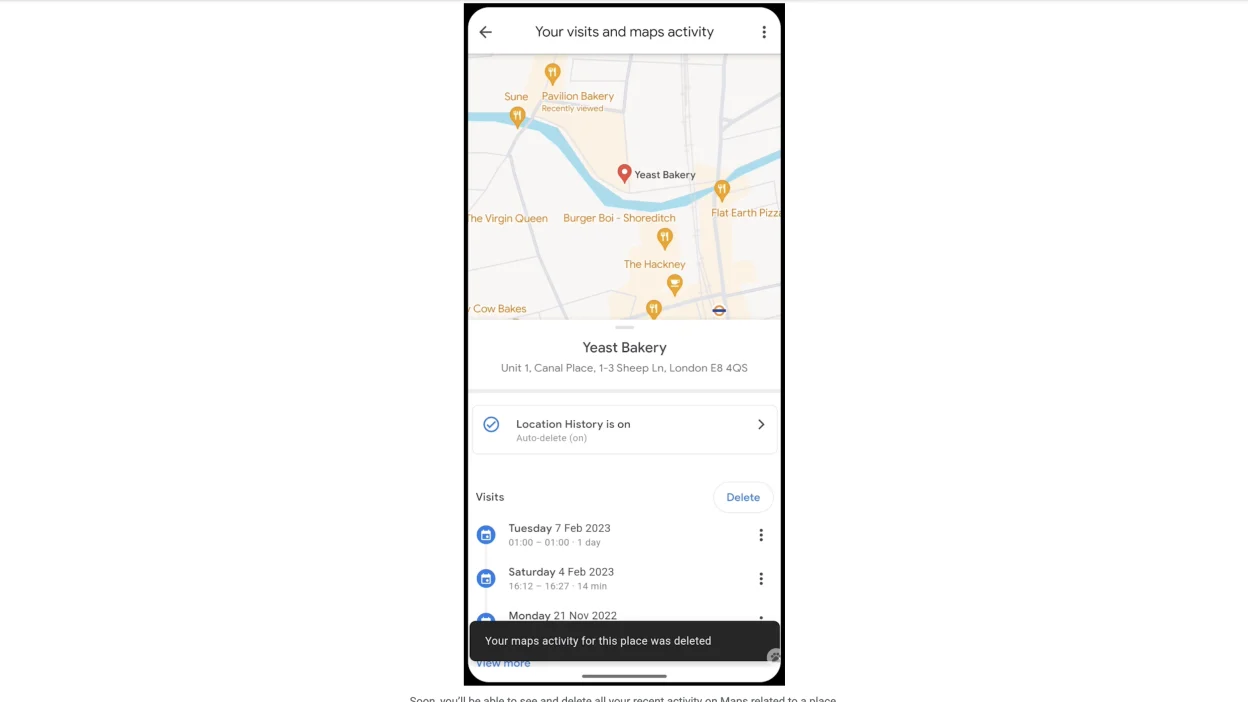 A close-up photo of a smartphone showing Google Location History controls in the Settings interface