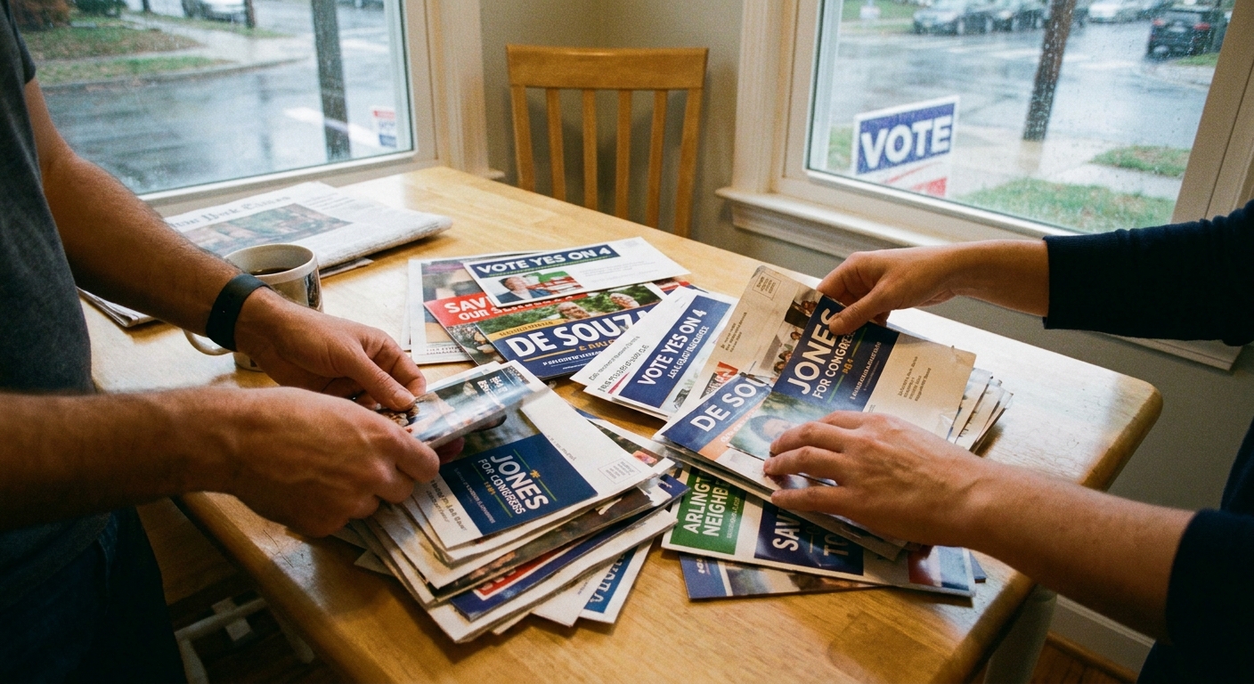 A close-up photo of a stack of political mailers and campaign flyers on a kitchen table in Arlington, Virginia, with hands sorting them