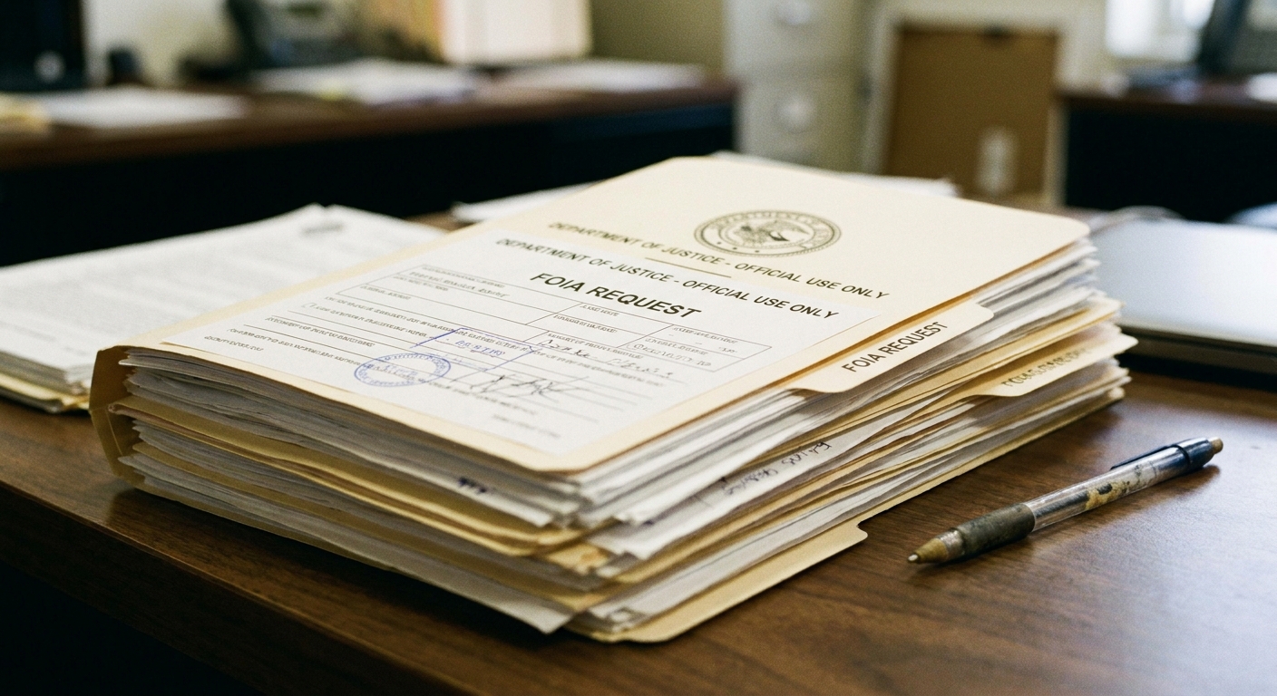 A close-up photo of a thick folder of federal agency paperwork on a desk with a pen beside it, shallow depth of field, documentary style