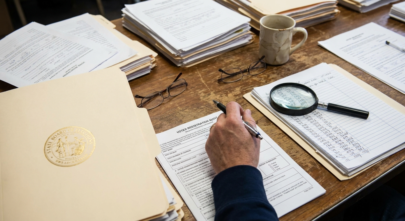 A close-up photo of official election paperwork being reviewed on a desk with a state seal visible on a folder, realistic documentary photography style