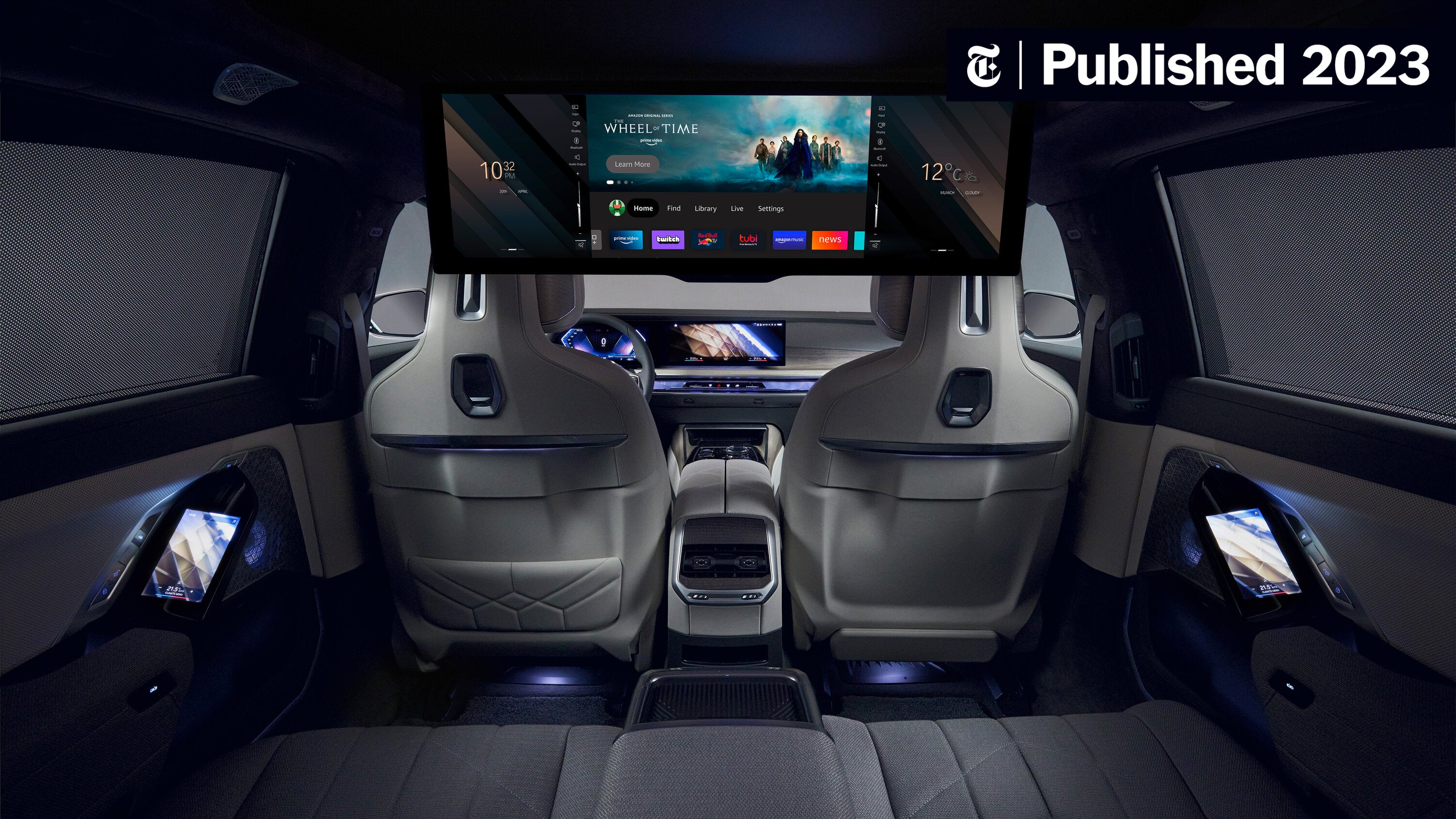 A close-up photograph of a modern car interior showing a dashboard touchscreen with navigation active and a driver’s hands on the steering wheel, natural lighting, realistic photography style