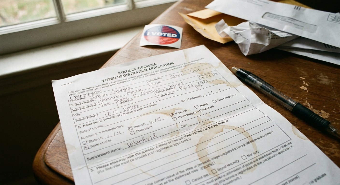 A close-up photograph of a voter registration form on a desk with a pen nearby, natural indoor lighting, documentary news photography style