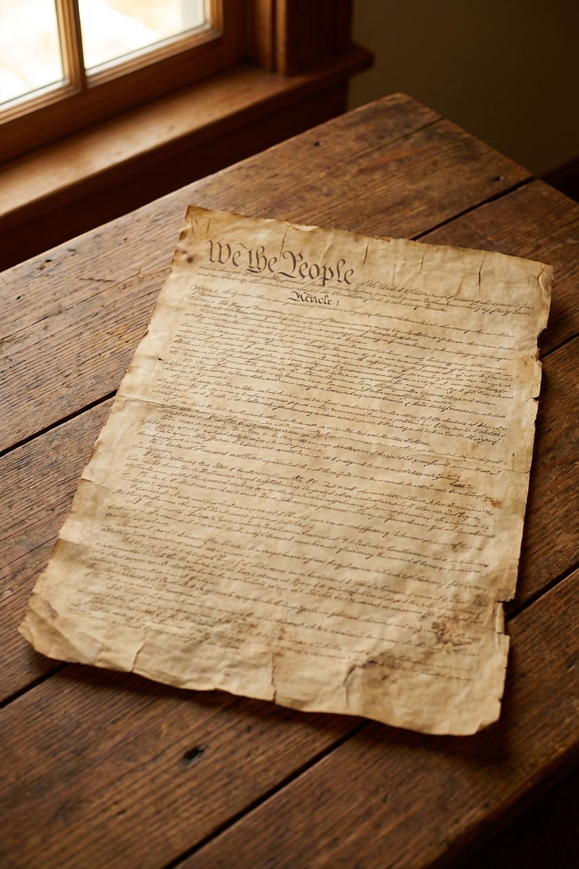 A close-up photograph of a worn parchment page of the United States Constitution resting on a wooden table in warm natural light