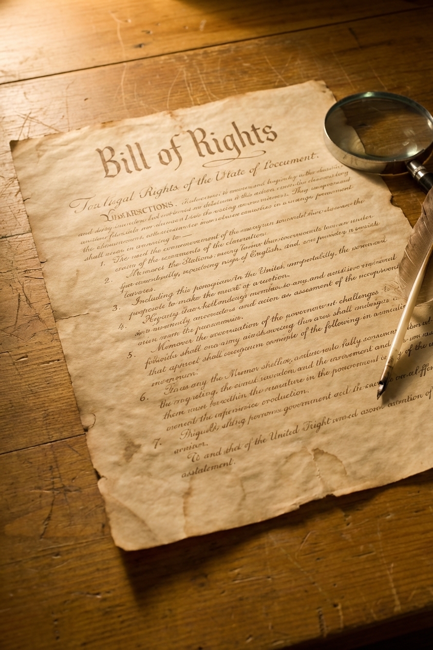A close-up photograph of an aged parchment document representing the Bill of Rights laid on a wooden desk, with soft directional light highlighting the texture of the paper, photorealistic archival style