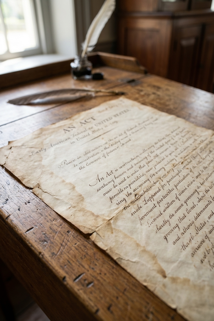 A close-up photograph of an aged parchment page of early American federal law text on a wooden desk, with soft natural window light and a shallow depth of field, documentary photography style