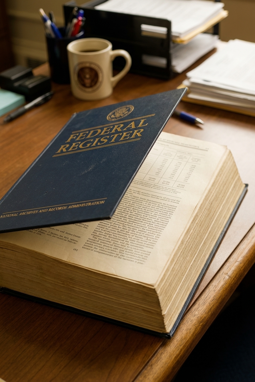 A close-up photograph of an official printed Federal Register volume on a desk in a government office setting, documentary news style