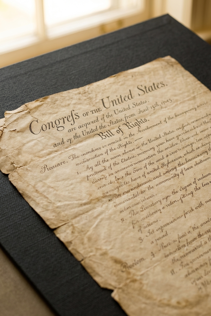A close-up photograph of the Bill of Rights page on aged parchment with visible handwritten text and soft natural light, archival documentary photography style