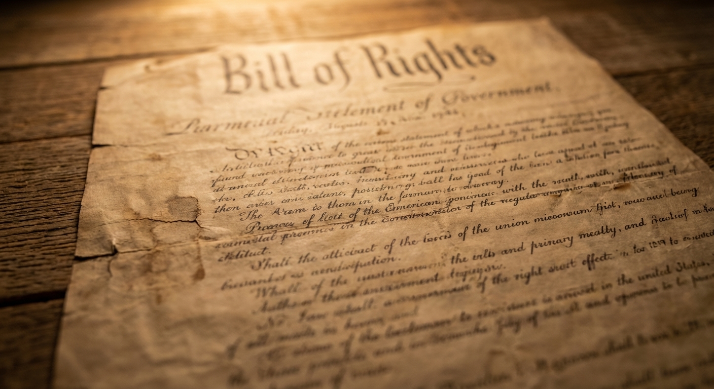 A close-up photograph of the Bill of Rights parchment on a wooden table under warm museum lighting, with the handwritten text in focus and the edges of the document softly fading into blur