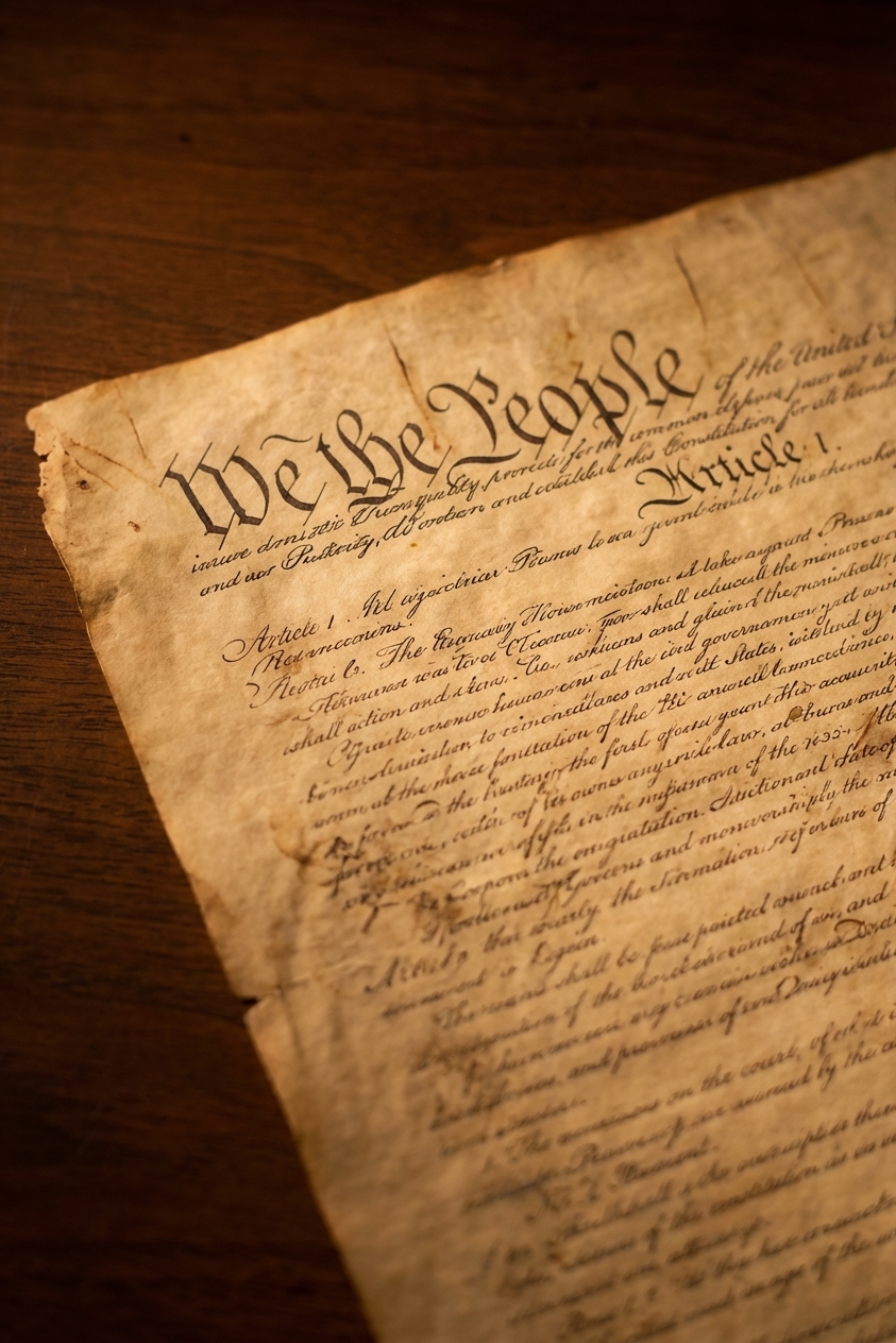 A close-up photograph of the United States Constitution parchment on a table with warm ambient light, showing legible lines of text and the texture of the paper