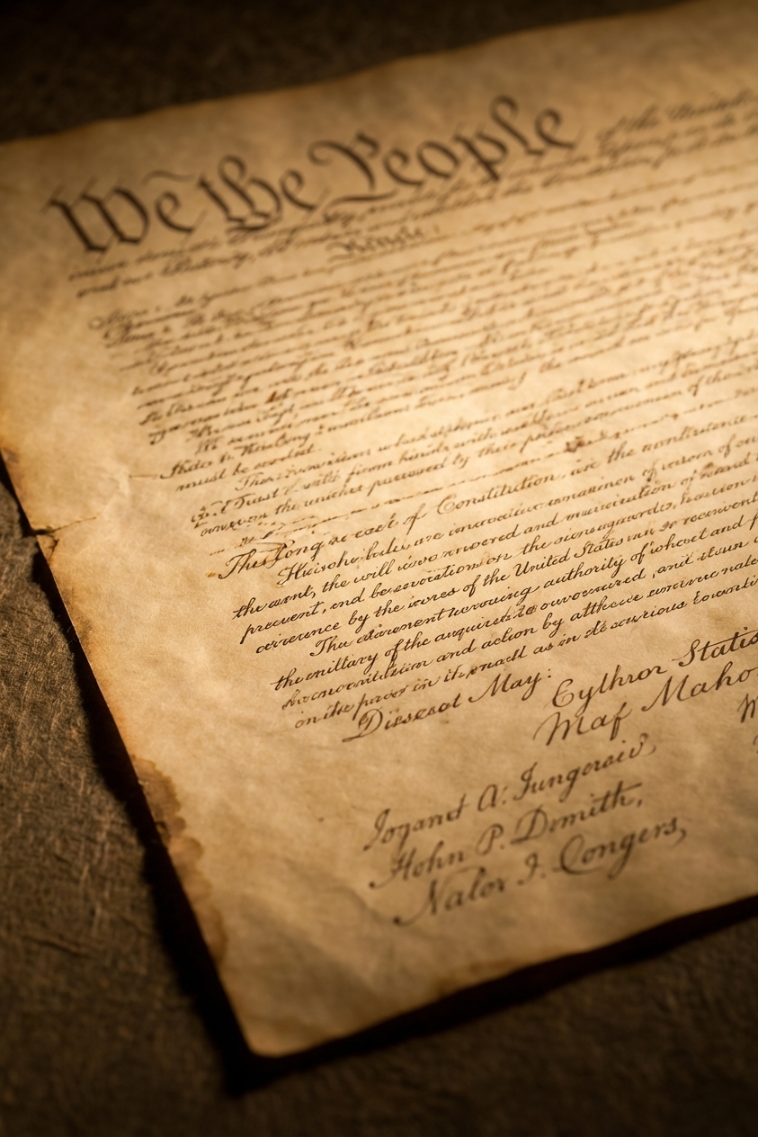 A close-up photograph of the United States Constitution text on parchment with shallow depth of field, museum-like lighting