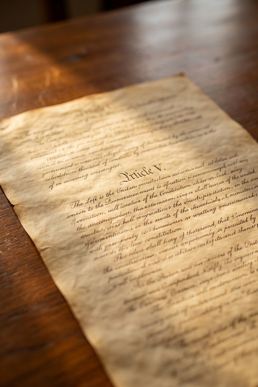 A close-up photograph of the United States Constitution parchment opened to the page showing Article V text, resting on a wooden table in warm natural light, with shallow depth of field