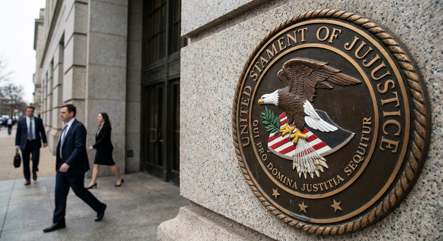 A close-up photograph of the United States Department of Justice seal mounted near the entrance of a federal building in Washington, DC, daylight news photography style