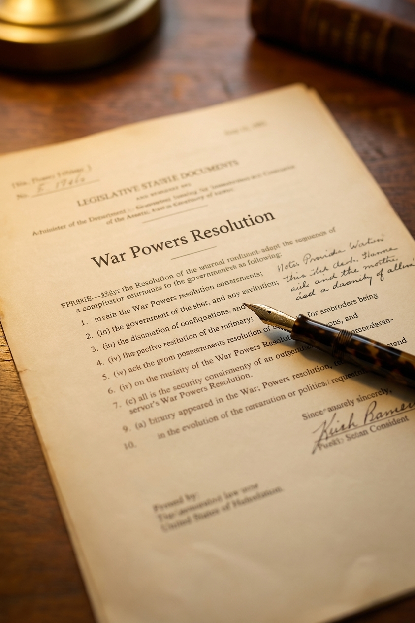 A close-up photograph of the War Powers Resolution legislative document on a desk with a fountain pen nearby, warm indoor lighting, shallow depth of field, photorealistic