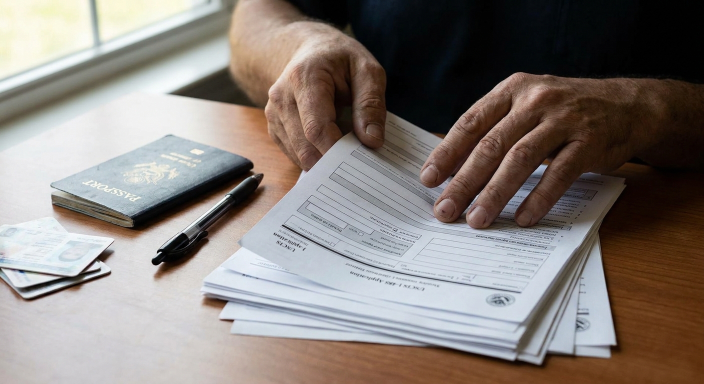 A close-up real photograph of a person’s hands organizing immigration application paperwork on a table with a pen and identification documents nearby, natural indoor light