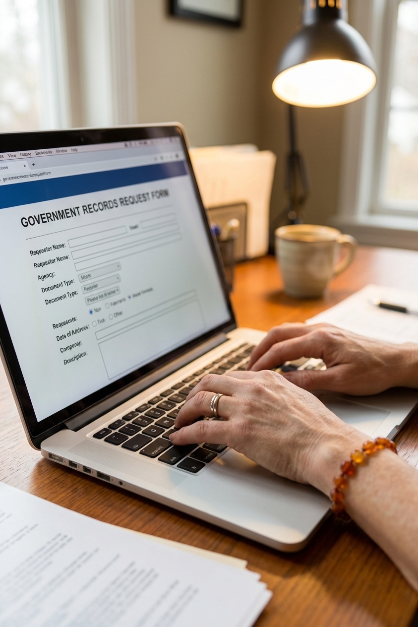 A close-up real photograph of hands typing on a laptop while filling out an online government records request form in a home office setting