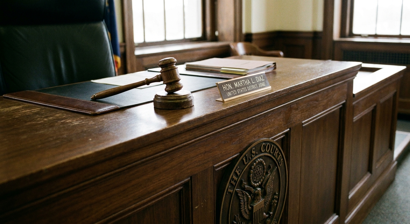 A close view of a federal courtroom judge’s bench with a gavel resting on the wood surface, realistic courtroom photo