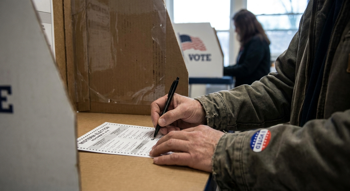 A close view of a voter filling out a paper ballot at a private voting booth during the November 2018 midterm elections, news photography style