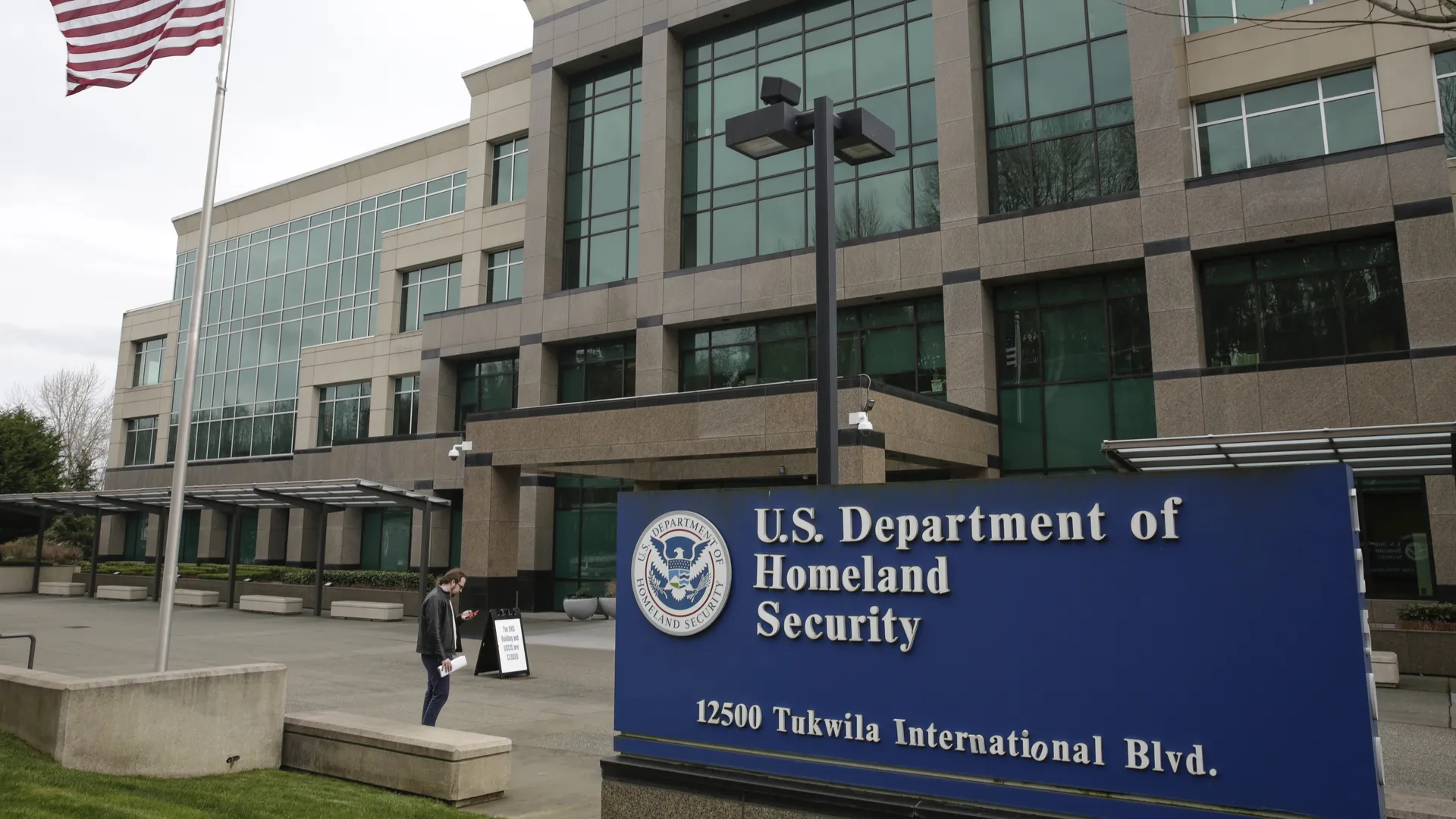 A close view of the Department of Homeland Security seal displayed at a DHS facility in Washington, D.C.