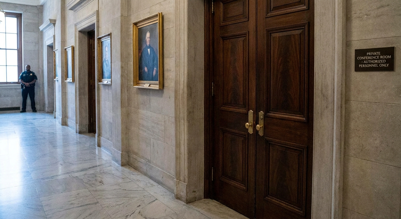A closed wooden door inside the Supreme Court building leading to a private conference room area, quiet hallway scene, news photography style