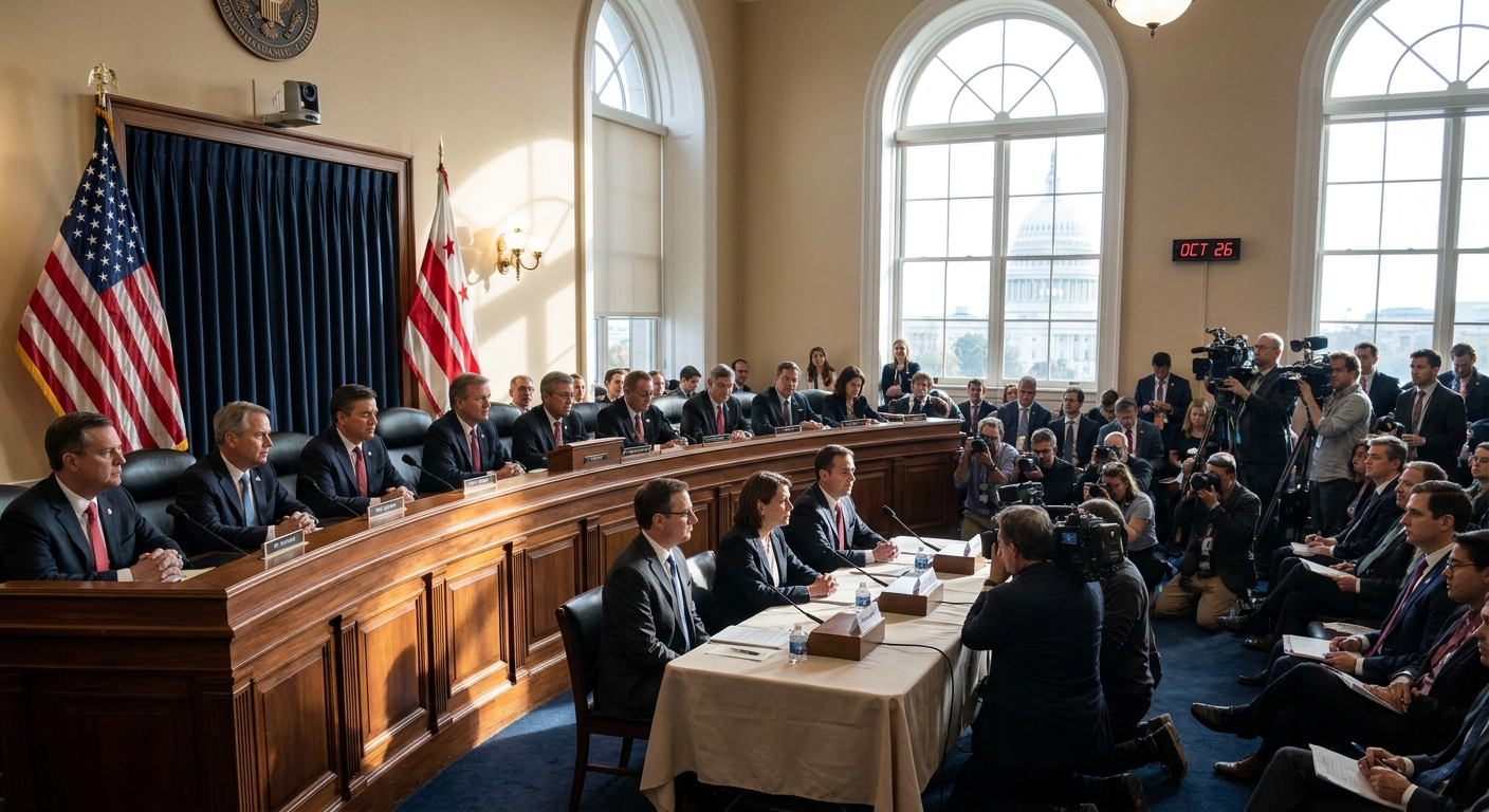 A congressional hearing room in Washington, D.C., with lawmakers seated at a dais and witnesses at a table, documentary news photography style