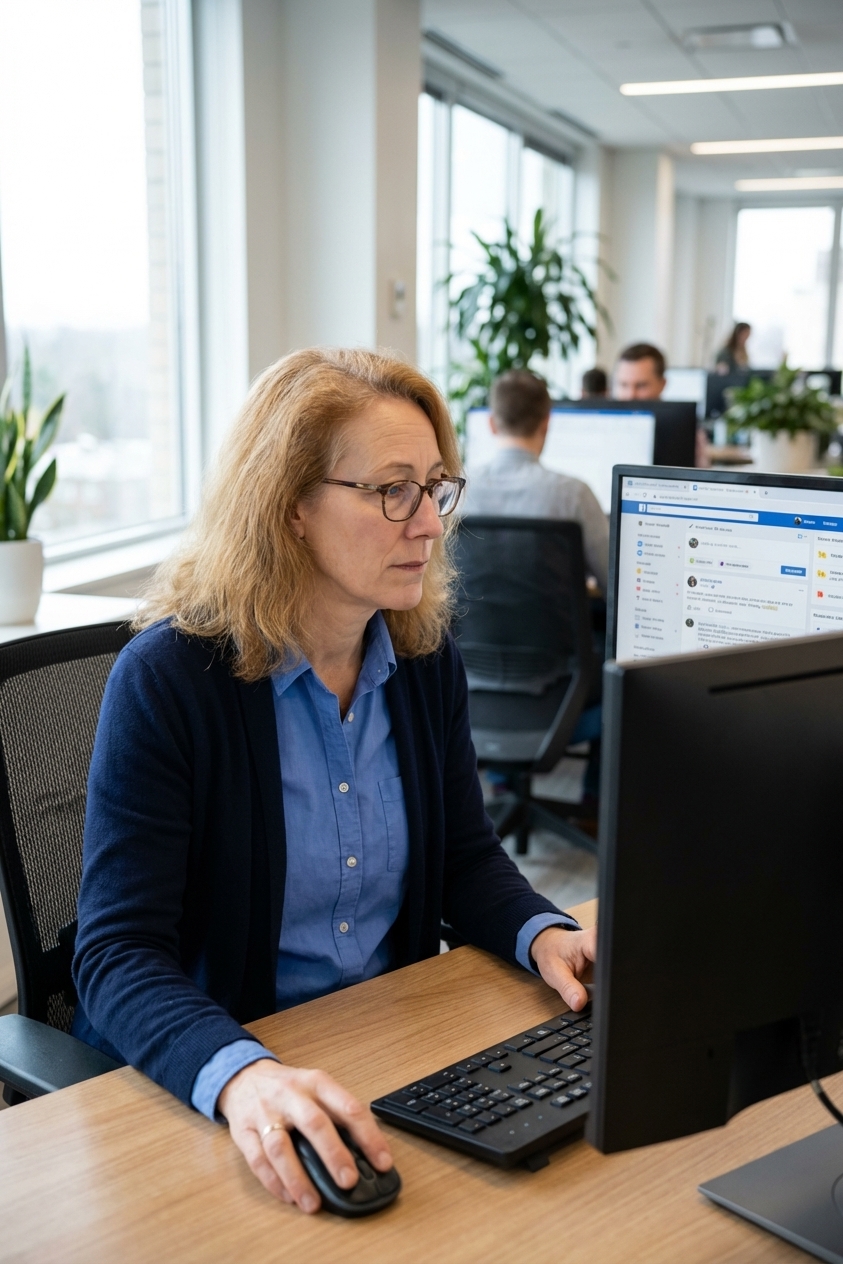 A content moderator sitting at a desk in a modern office reviewing posts on a computer monitor, realistic workplace photography style