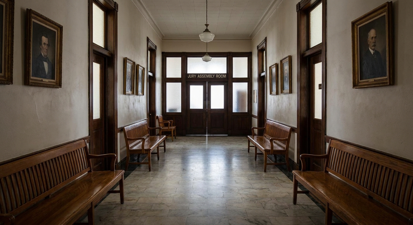 A county courthouse interior hallway leading to a jury assembly room, with empty benches and neutral lighting, real photography style
