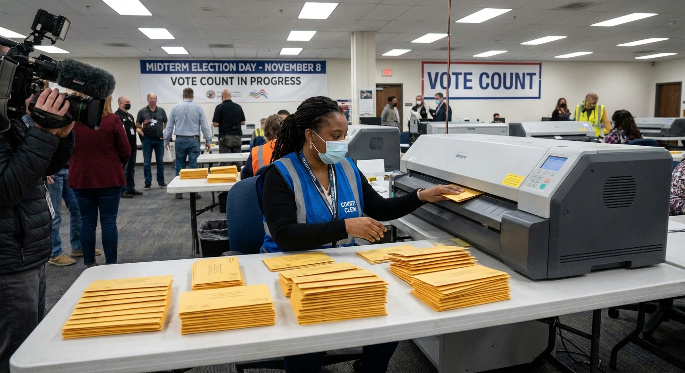 A county election office employee processing stacks of mail-in ballots on a midterm election day in the United States, news photography style