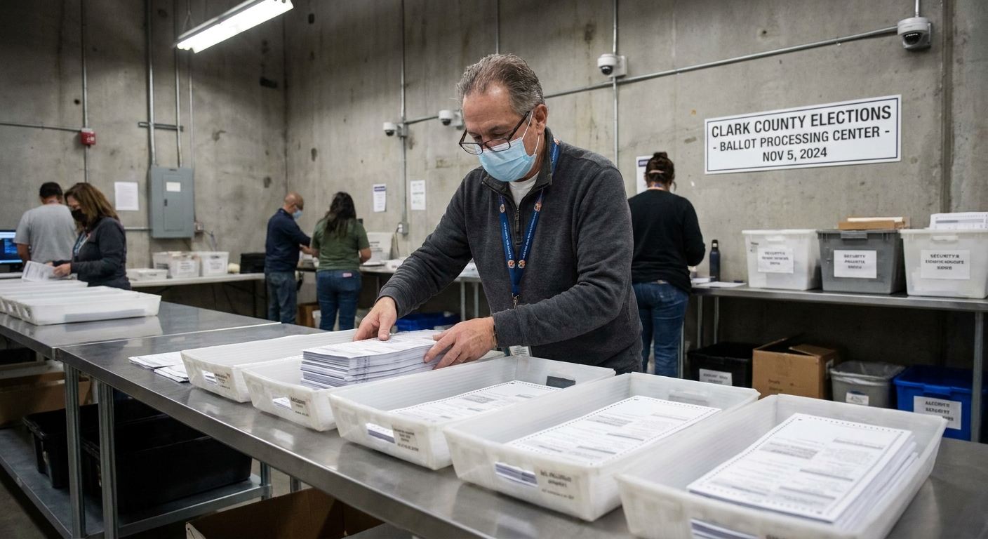 A county elections office worker sorting mailed ballots on a table in a secure processing room, documentary news photography style