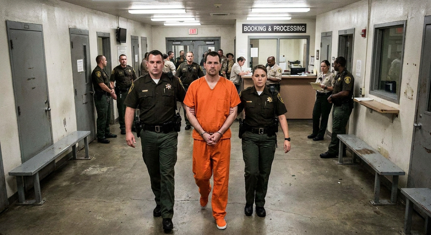 A county jail intake corridor with correctional officers guiding a newly booked detainee, documentary news photography style