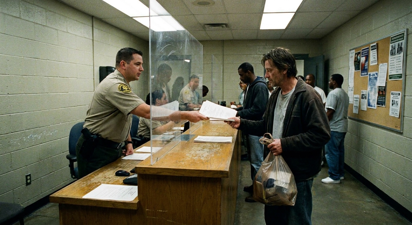 A county jail release processing area with an officer behind a counter handing paperwork to an individual being released, realistic documentary photography style