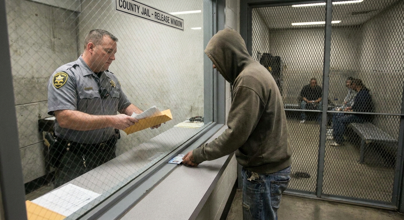A county jail release window where an officer hands paperwork to a person being released, with a holding area visible in the background, news photography style