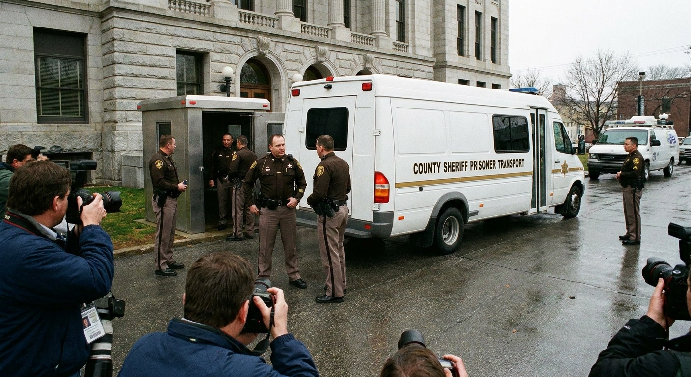 A county jail transport van parked outside a courthouse entrance with deputies nearby, news photography style